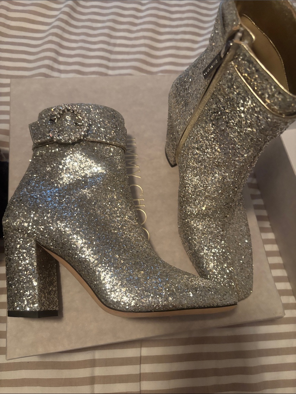 NWT Jimmy Choo Silver Glitter Block Heel Ankle Boots
